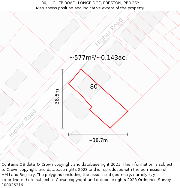 80, HIGHER ROAD, LONGRIDGE, PRESTON, PR3 3SY: Plot and title map