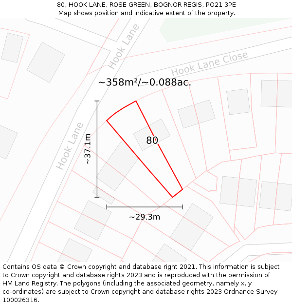 80, HOOK LANE, ROSE GREEN, BOGNOR REGIS, PO21 3PE: Plot and title map