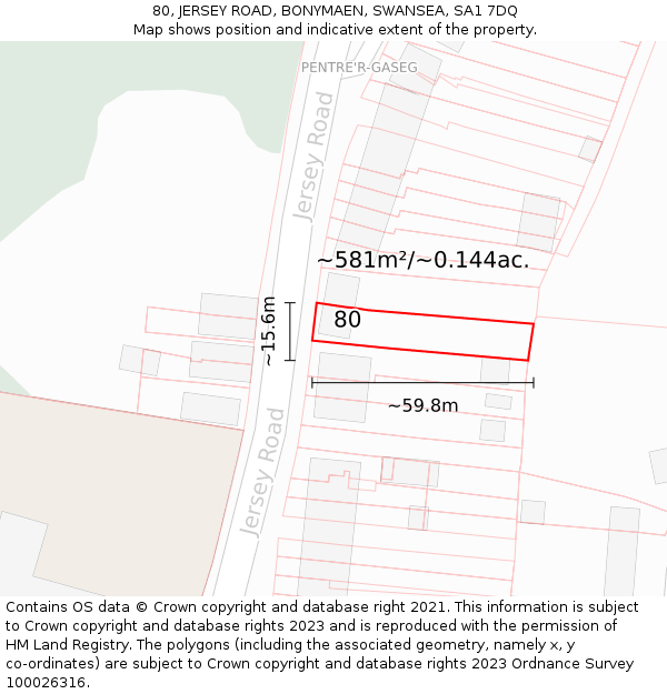 80, JERSEY ROAD, BONYMAEN, SWANSEA, SA1 7DQ: Plot and title map