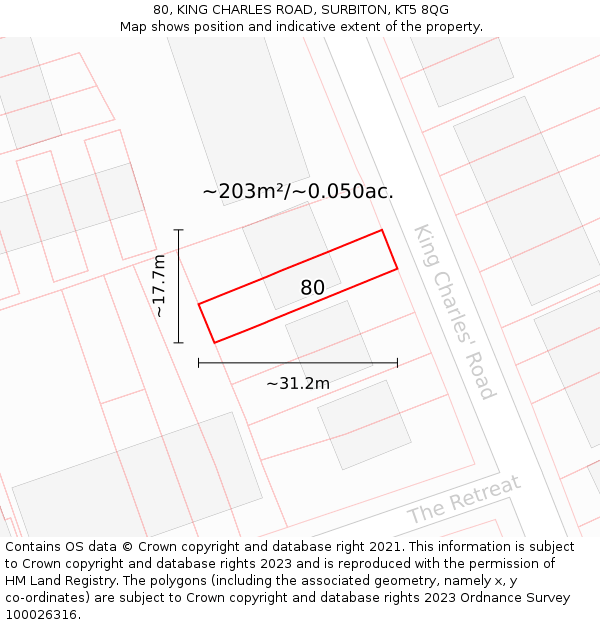 80, KING CHARLES ROAD, SURBITON, KT5 8QG: Plot and title map