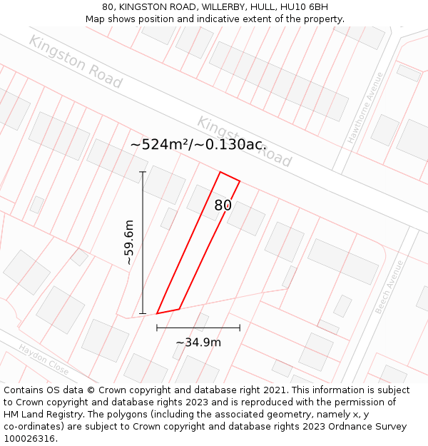 80, KINGSTON ROAD, WILLERBY, HULL, HU10 6BH: Plot and title map