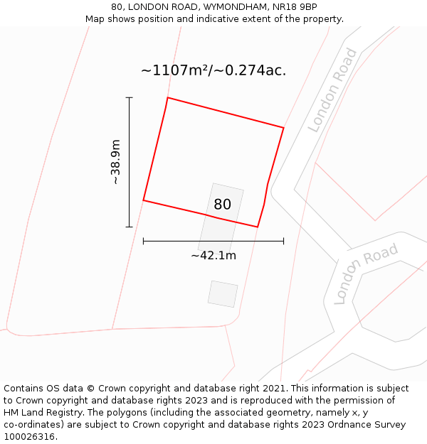 80, LONDON ROAD, WYMONDHAM, NR18 9BP: Plot and title map