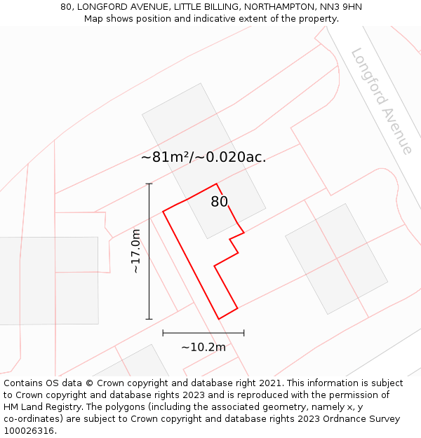 80, LONGFORD AVENUE, LITTLE BILLING, NORTHAMPTON, NN3 9HN: Plot and title map