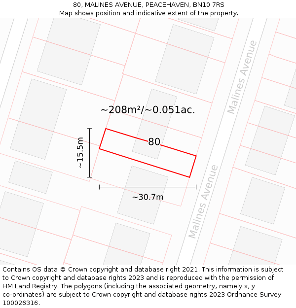 80, MALINES AVENUE, PEACEHAVEN, BN10 7RS: Plot and title map