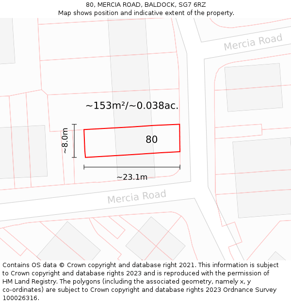 80, MERCIA ROAD, BALDOCK, SG7 6RZ: Plot and title map