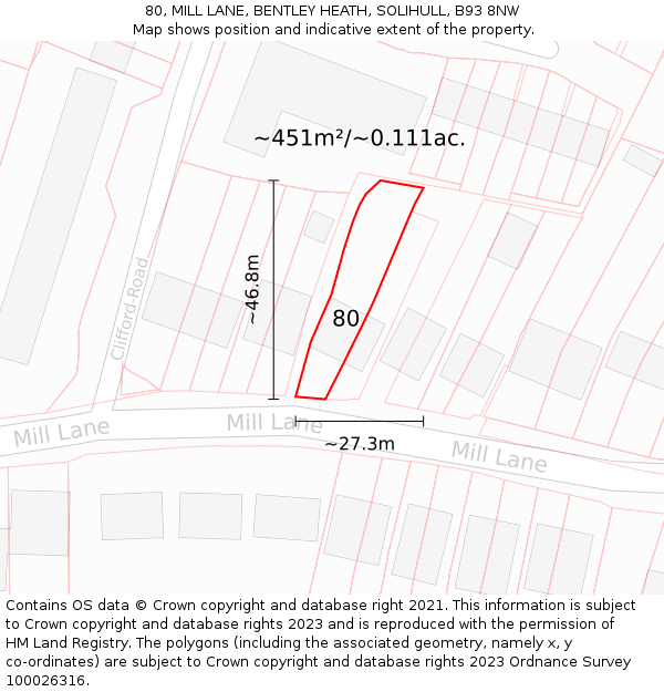 80, MILL LANE, BENTLEY HEATH, SOLIHULL, B93 8NW: Plot and title map