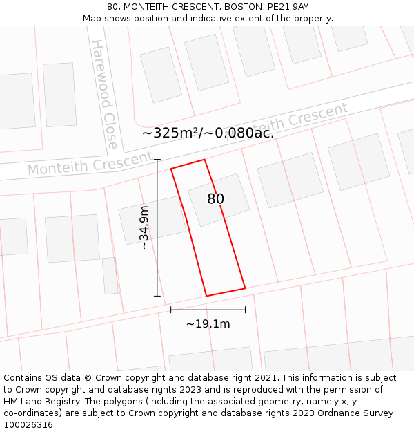 80, MONTEITH CRESCENT, BOSTON, PE21 9AY: Plot and title map