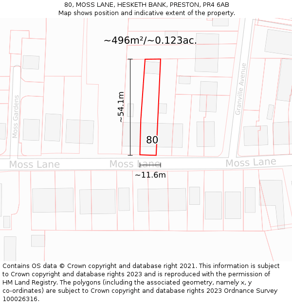 80, MOSS LANE, HESKETH BANK, PRESTON, PR4 6AB: Plot and title map