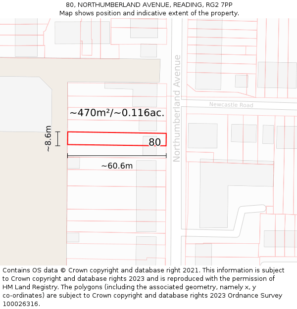 80, NORTHUMBERLAND AVENUE, READING, RG2 7PP: Plot and title map