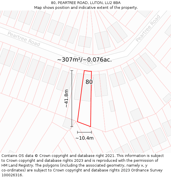 80, PEARTREE ROAD, LUTON, LU2 8BA: Plot and title map