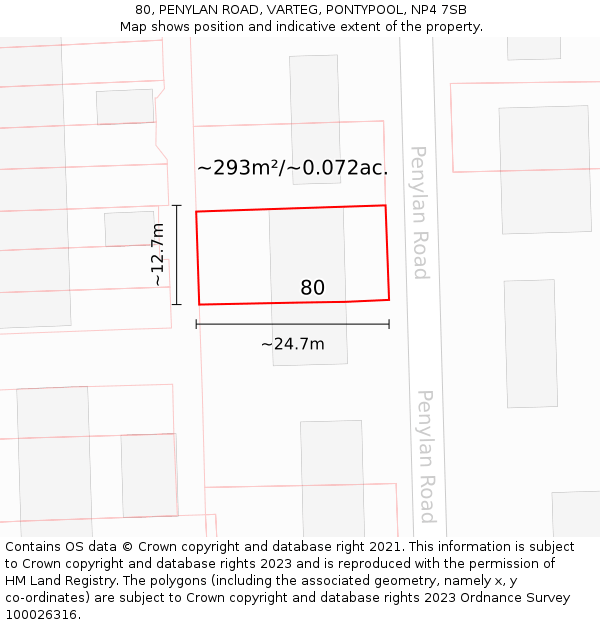 80, PENYLAN ROAD, VARTEG, PONTYPOOL, NP4 7SB: Plot and title map