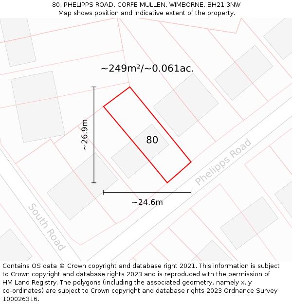 80, PHELIPPS ROAD, CORFE MULLEN, WIMBORNE, BH21 3NW: Plot and title map