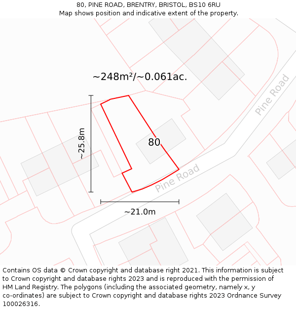 80, PINE ROAD, BRENTRY, BRISTOL, BS10 6RU: Plot and title map