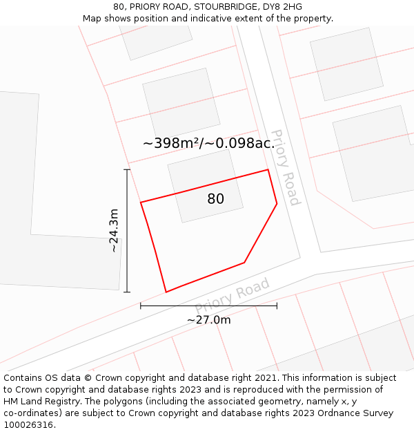 80, PRIORY ROAD, STOURBRIDGE, DY8 2HG: Plot and title map