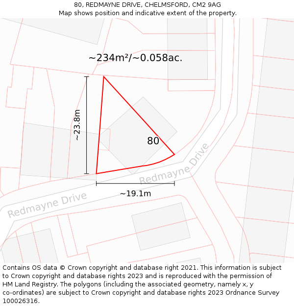 80, REDMAYNE DRIVE, CHELMSFORD, CM2 9AG: Plot and title map