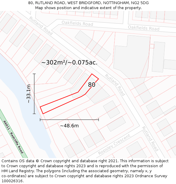 80, RUTLAND ROAD, WEST BRIDGFORD, NOTTINGHAM, NG2 5DG: Plot and title map