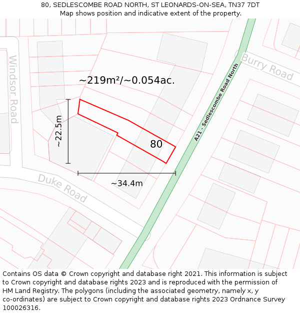 80, SEDLESCOMBE ROAD NORTH, ST LEONARDS-ON-SEA, TN37 7DT: Plot and title map