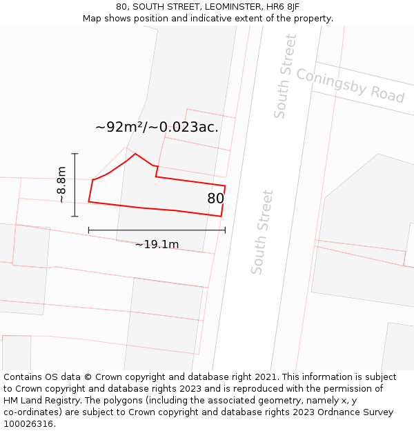 80, SOUTH STREET, LEOMINSTER, HR6 8JF: Plot and title map
