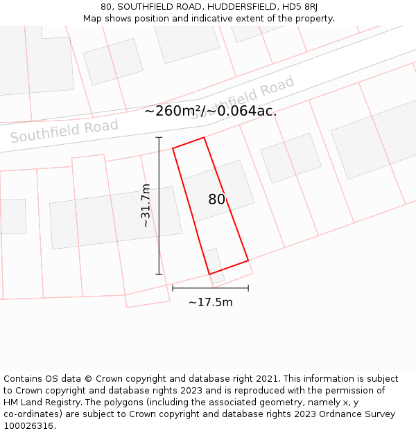 80, SOUTHFIELD ROAD, HUDDERSFIELD, HD5 8RJ: Plot and title map