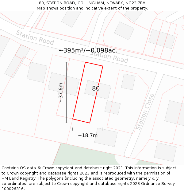 80, STATION ROAD, COLLINGHAM, NEWARK, NG23 7RA: Plot and title map