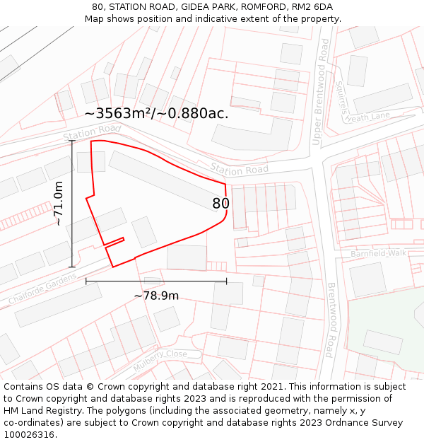 80, STATION ROAD, GIDEA PARK, ROMFORD, RM2 6DA: Plot and title map