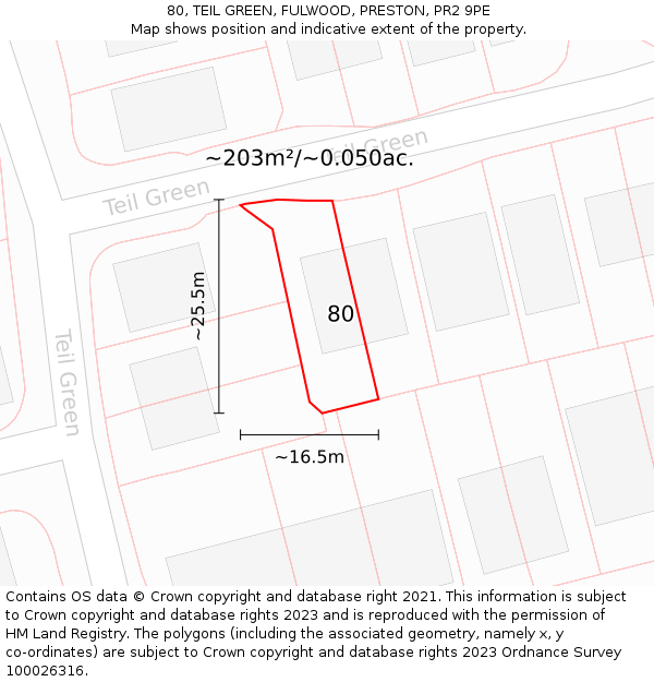 80, TEIL GREEN, FULWOOD, PRESTON, PR2 9PE: Plot and title map