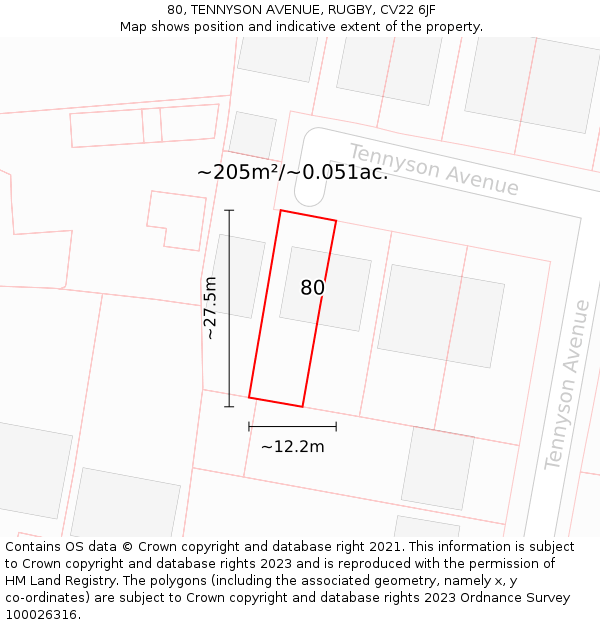 80, TENNYSON AVENUE, RUGBY, CV22 6JF: Plot and title map