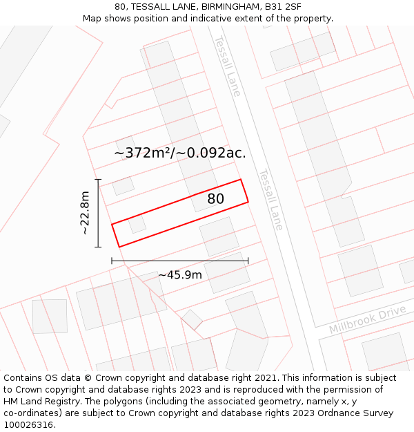 80, TESSALL LANE, BIRMINGHAM, B31 2SF: Plot and title map