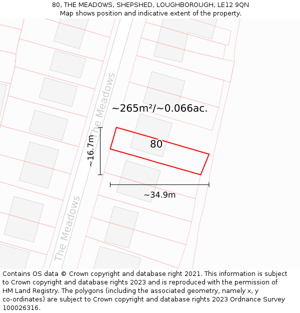 80, THE MEADOWS, SHEPSHED, LOUGHBOROUGH, LE12 9QN: Plot and title map