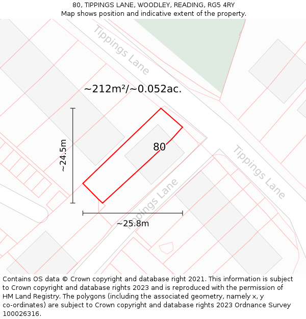 80, TIPPINGS LANE, WOODLEY, READING, RG5 4RY: Plot and title map