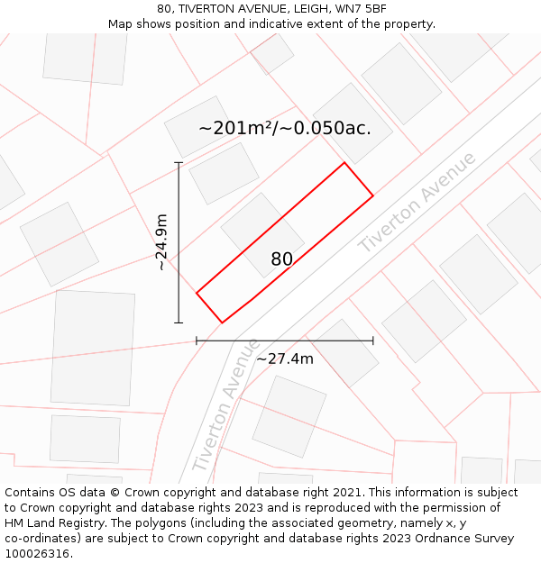 80, TIVERTON AVENUE, LEIGH, WN7 5BF: Plot and title map