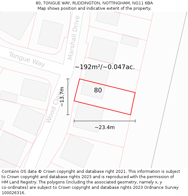 80, TONGUE WAY, RUDDINGTON, NOTTINGHAM, NG11 6BA: Plot and title map