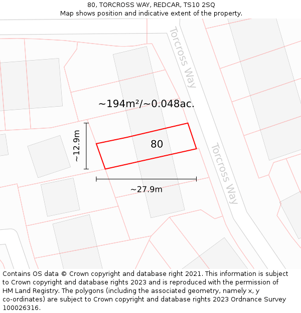 80, TORCROSS WAY, REDCAR, TS10 2SQ: Plot and title map