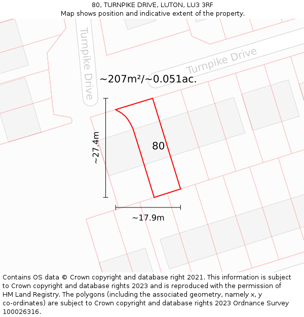 80, TURNPIKE DRIVE, LUTON, LU3 3RF: Plot and title map