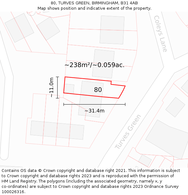 80, TURVES GREEN, BIRMINGHAM, B31 4AB: Plot and title map