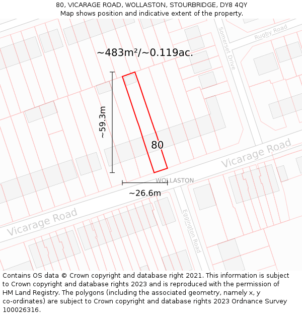80, VICARAGE ROAD, WOLLASTON, STOURBRIDGE, DY8 4QY: Plot and title map