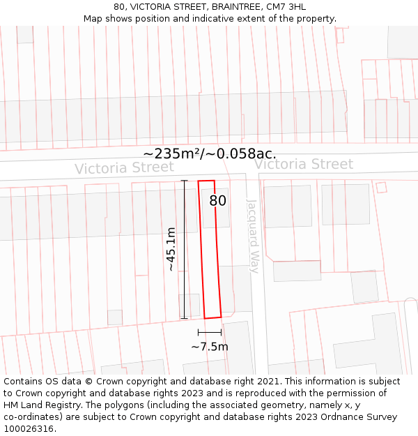 80, VICTORIA STREET, BRAINTREE, CM7 3HL: Plot and title map