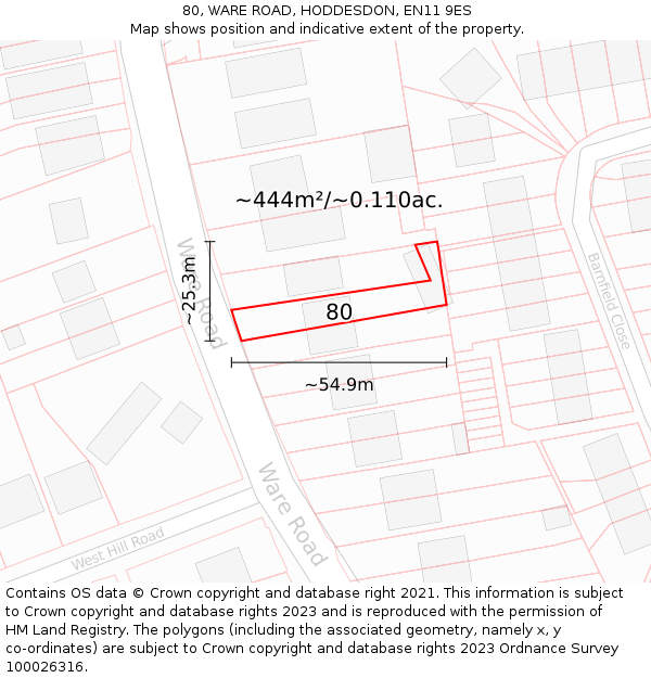 80, WARE ROAD, HODDESDON, EN11 9ES: Plot and title map