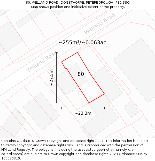 80, WELLAND ROAD, DOGSTHORPE, PETERBOROUGH, PE1 3SG: Plot and title map