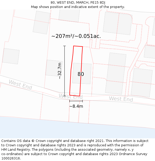 80, WEST END, MARCH, PE15 8DJ: Plot and title map