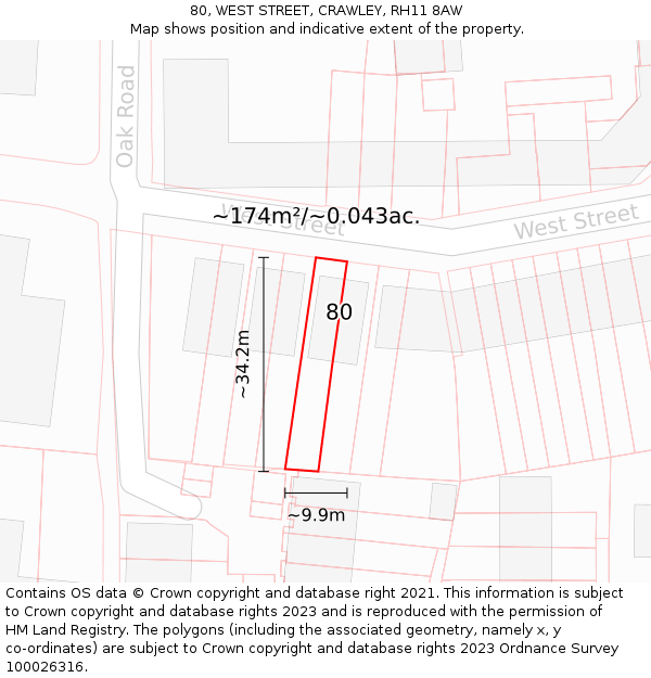 80, WEST STREET, CRAWLEY, RH11 8AW: Plot and title map