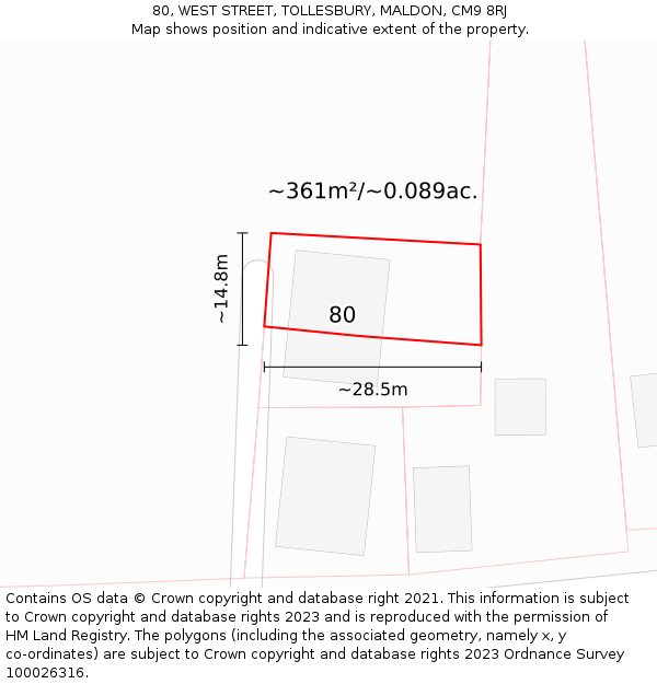 80, WEST STREET, TOLLESBURY, MALDON, CM9 8RJ: Plot and title map