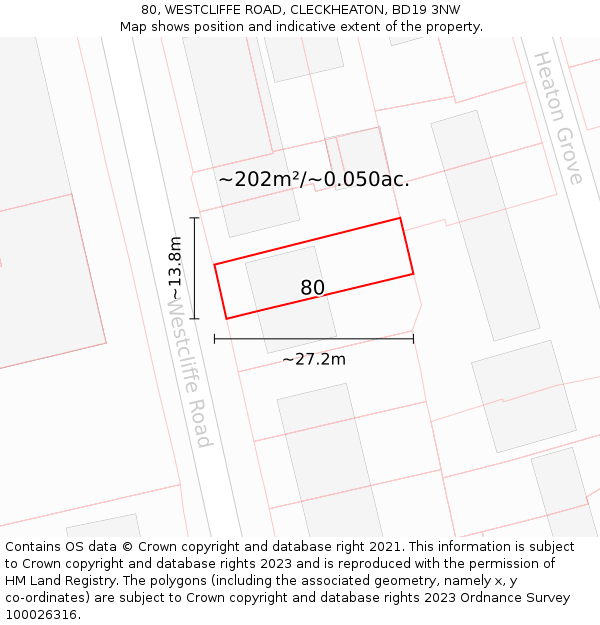 80, WESTCLIFFE ROAD, CLECKHEATON, BD19 3NW: Plot and title map