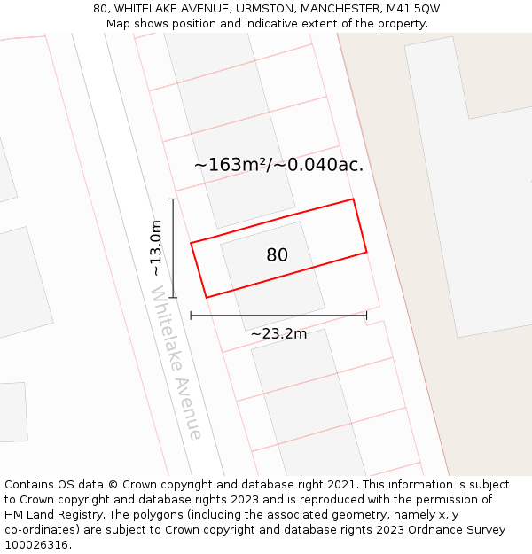 80, WHITELAKE AVENUE, URMSTON, MANCHESTER, M41 5QW: Plot and title map