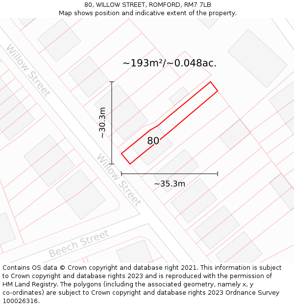 80, WILLOW STREET, ROMFORD, RM7 7LB: Plot and title map