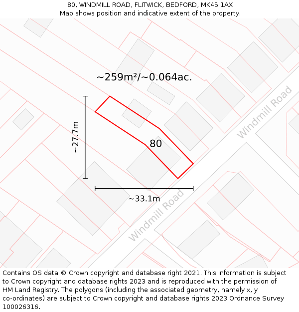 80, WINDMILL ROAD, FLITWICK, BEDFORD, MK45 1AX: Plot and title map