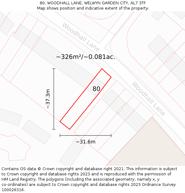 80, WOODHALL LANE, WELWYN GARDEN CITY, AL7 3TF: Plot and title map