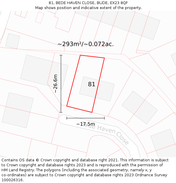 81, BEDE HAVEN CLOSE, BUDE, EX23 8QF: Plot and title map