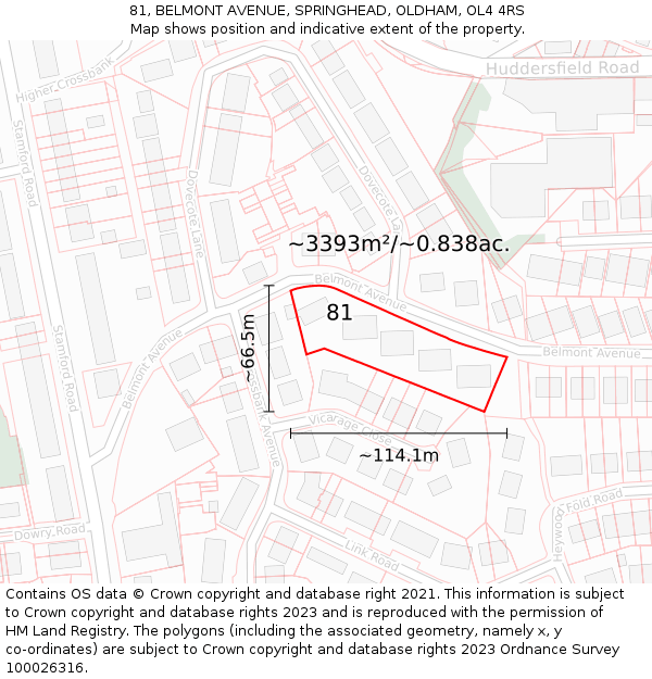 81, BELMONT AVENUE, SPRINGHEAD, OLDHAM, OL4 4RS: Plot and title map