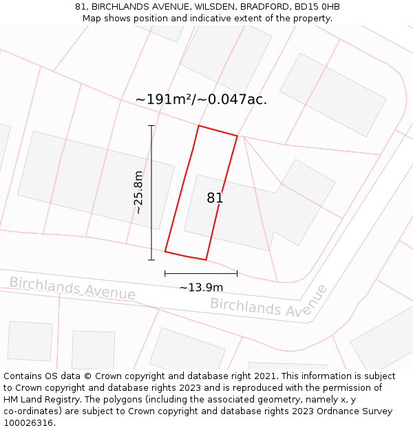 81, BIRCHLANDS AVENUE, WILSDEN, BRADFORD, BD15 0HB: Plot and title map